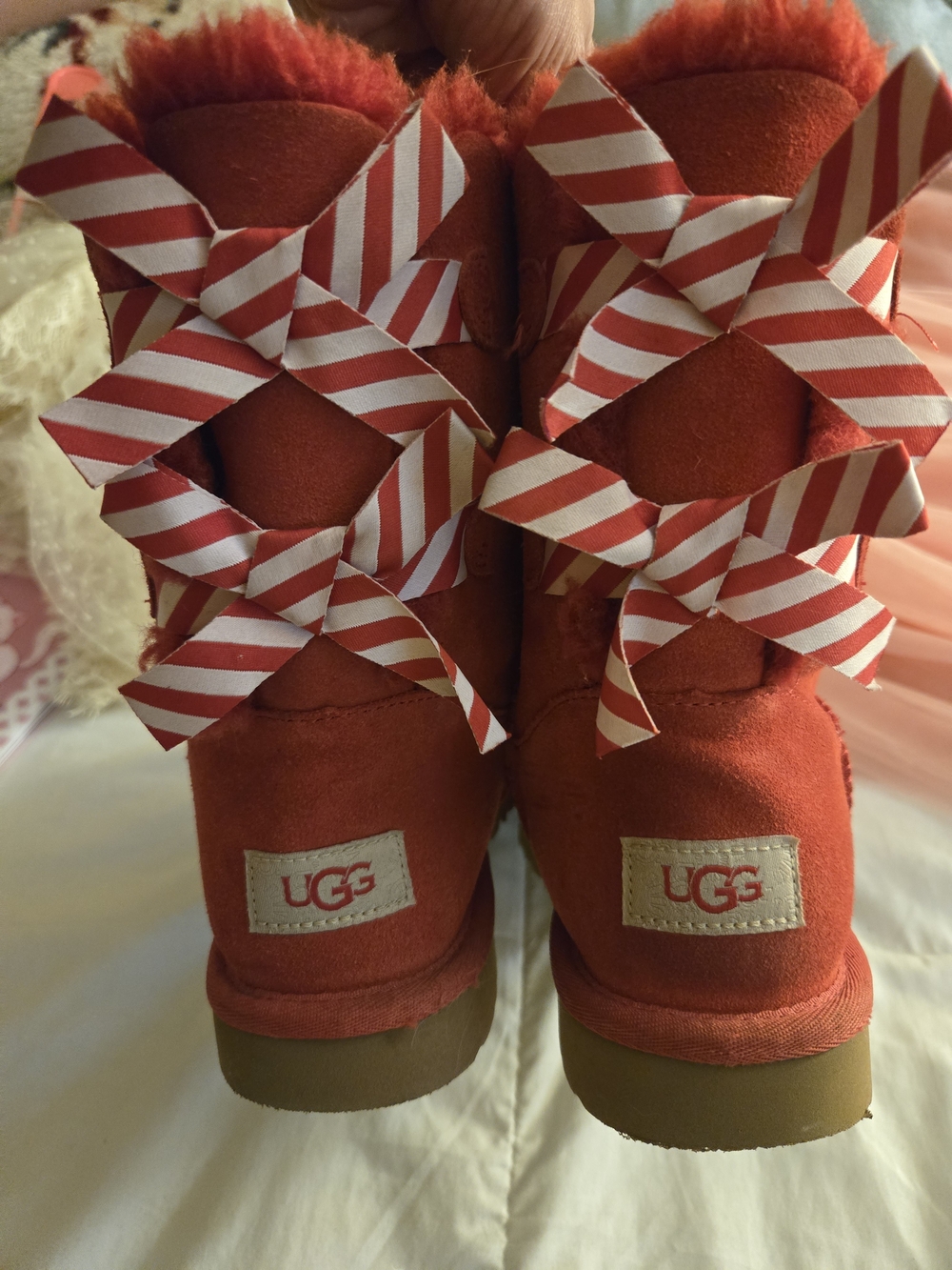 UGG Red Suede Bow-Back Booties with Striped Ribbon